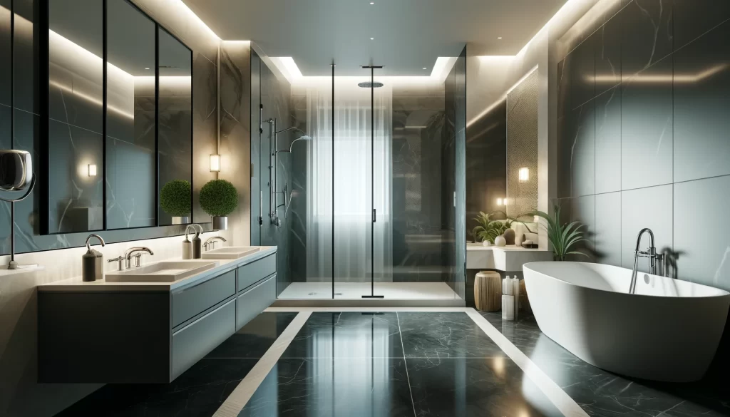 A modern, luxurious bathroom with sleek, contemporary design. The bathroom features a freestanding bathtub with elegant fixtures, a spacious walk-in shower.