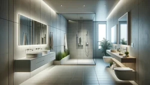 A modern bathroom with a minimalist design. The bathroom features a sleek walk-in shower with frameless glass doors and a floating vanity with a vessel.