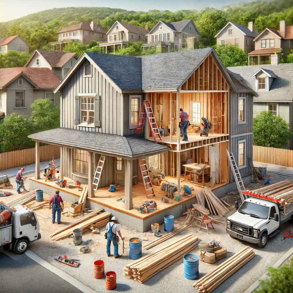 A realistic image of a house under remodeling in Austin, Texas, showing construction workers, building materials, and a partially renovated house.