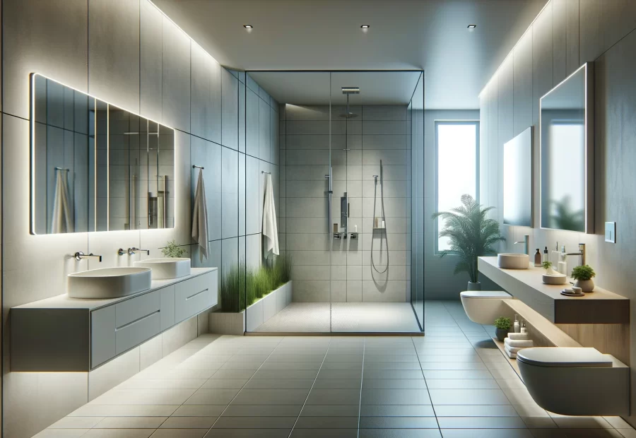 A modern bathroom with a minimalist design. The bathroom features a sleek walk-in shower with frameless glass doors and a floating vanity with a vessel.